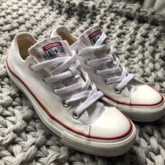 white converse with red and blue stripe